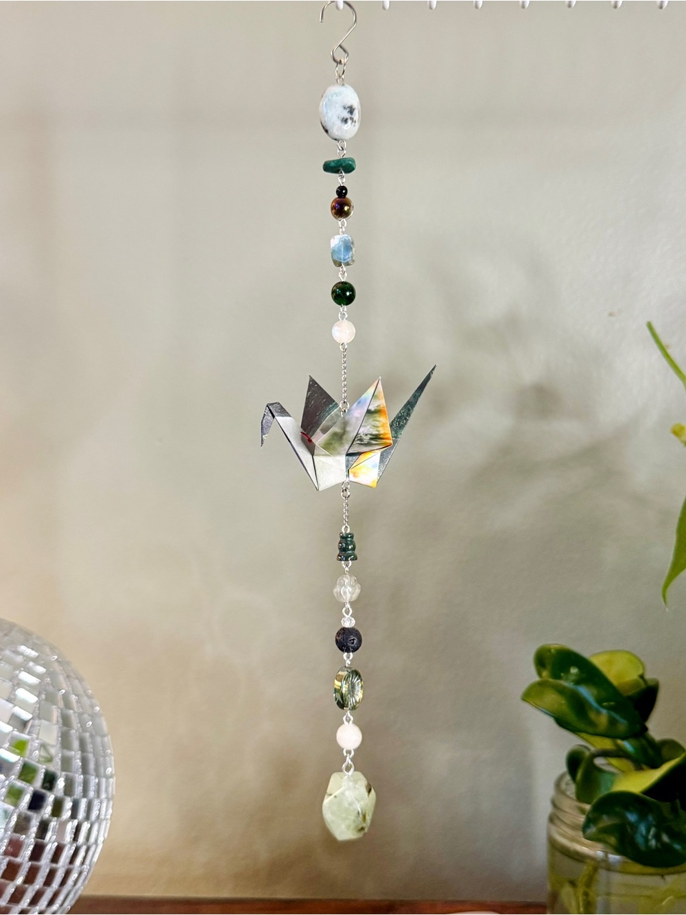 Origami Ornament #2592 - Medium Paper Crane, Natural Stone Beads